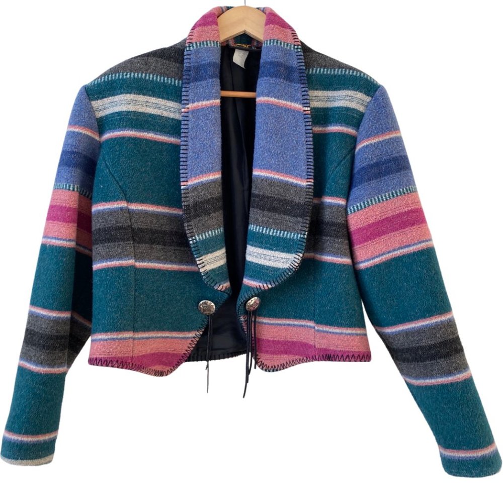 ❤️‍🔥sold❤️‍🔥VINTAGE CIRCLE T 🦋 Southwestern Aztec Striped Blanket Jacket Sz M